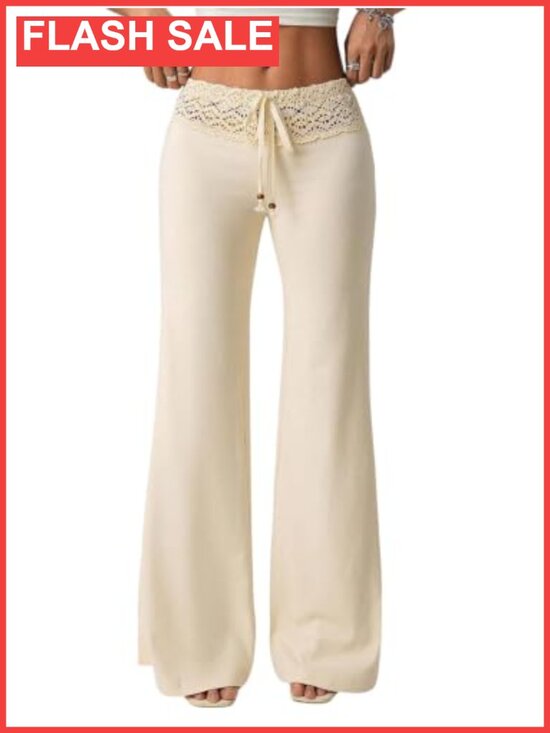 Pants - Verdusa Women's Low Rise Straight Leg Flare Crochet Lounge Pants